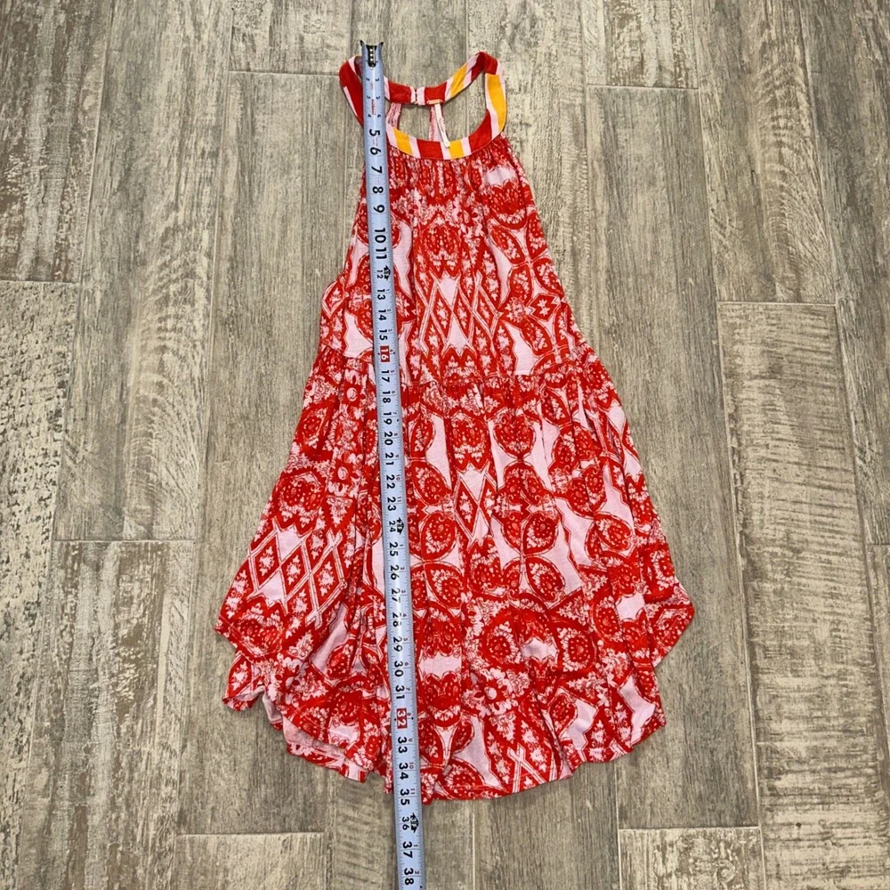 Free People Red Pink Medallion Print Halter Mini Dress Racerback Striped Trim L